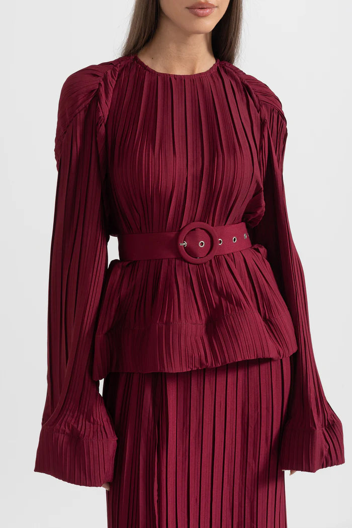 Elegant Ensemble With Pleated Top And Maxi Skirt - Burgundy