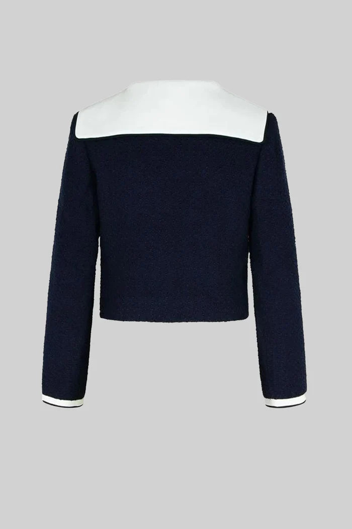 Tweed Cropped Jacket with Contrast Collar - Navy