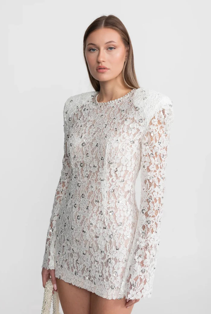 Sequin Lace Mini Dress With Structured Shoulders – White