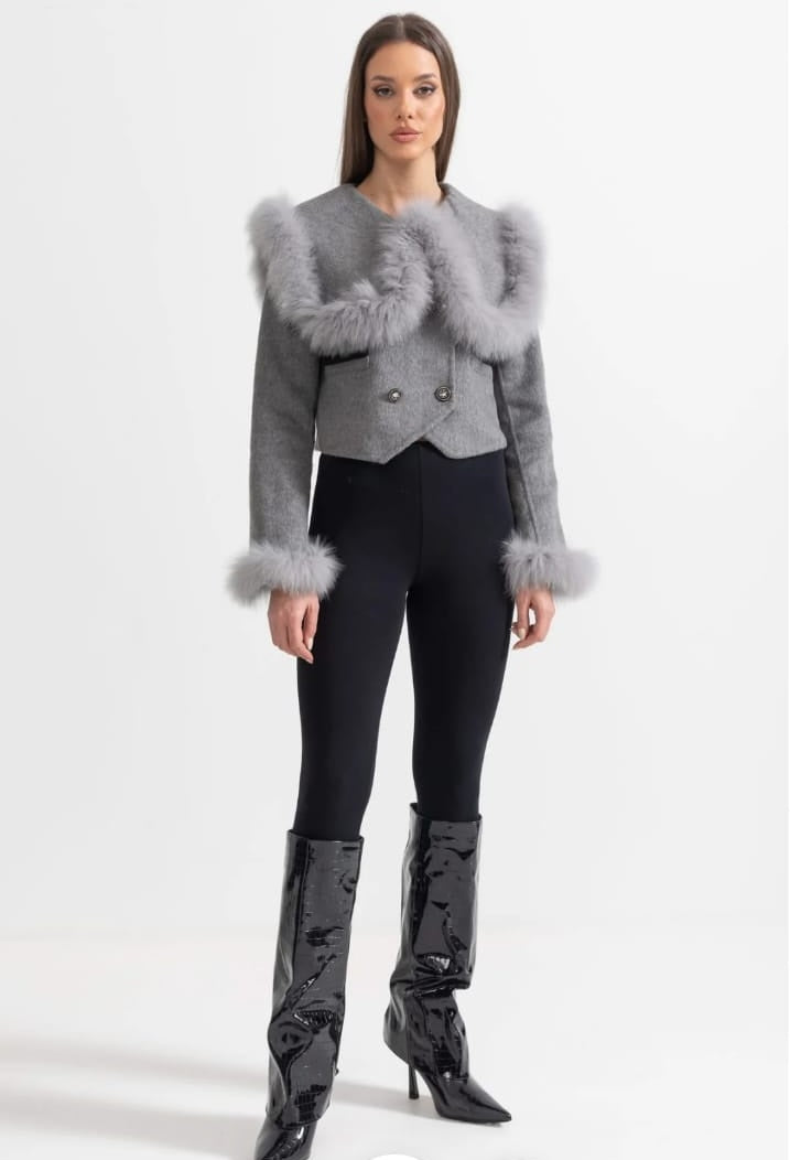 Double Breasted Cropped Jacket With Fur Collar Embellishment - Gray