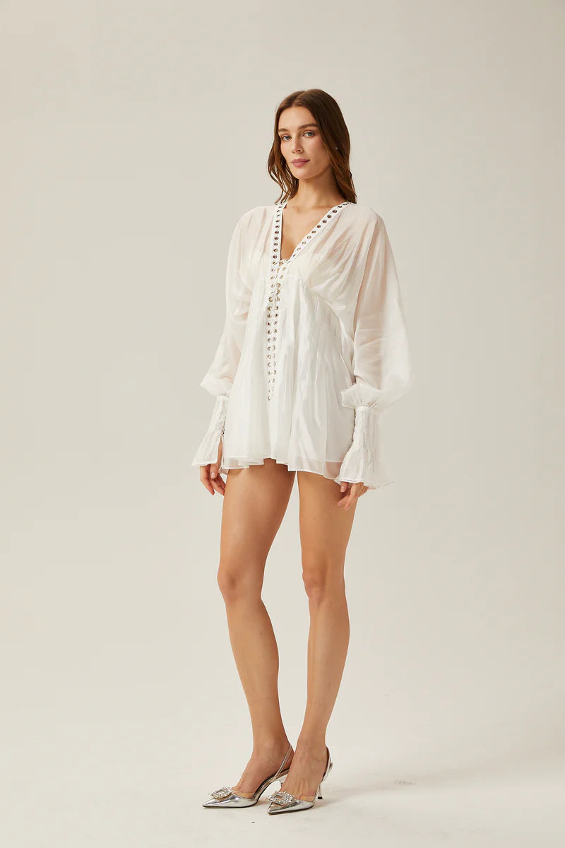 Yvonne en V-Neck Front-Tie Semi-Sheer Mini robe