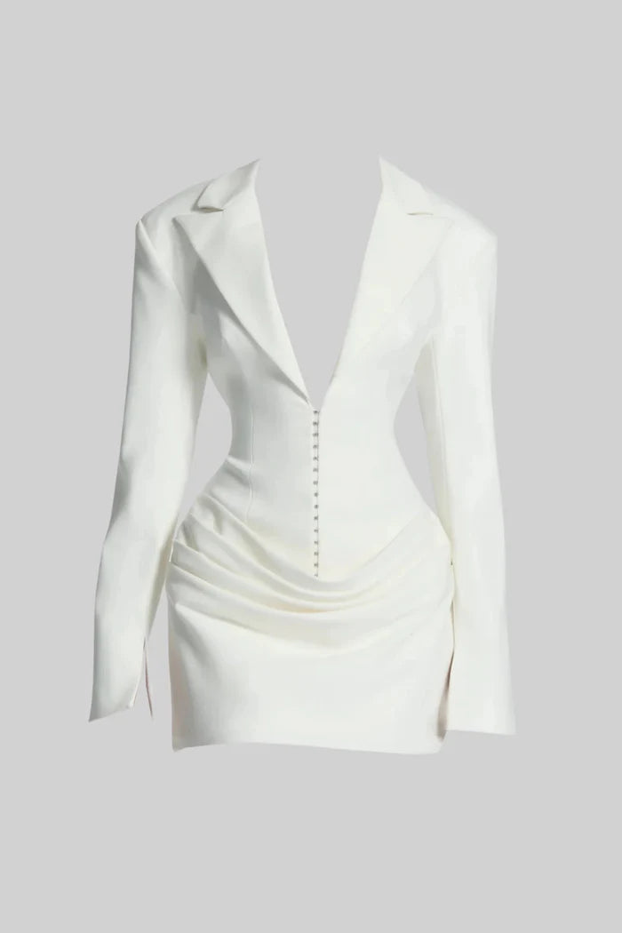 Draped Blazer Mini Dress With Deep Neckline – White