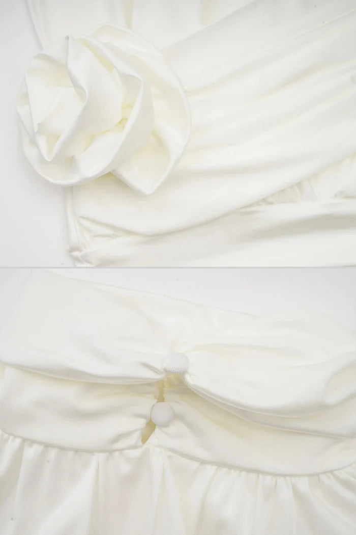 Elegant High-Collar Dress With Draped Details And Side Rose Embellishment - Ivoire