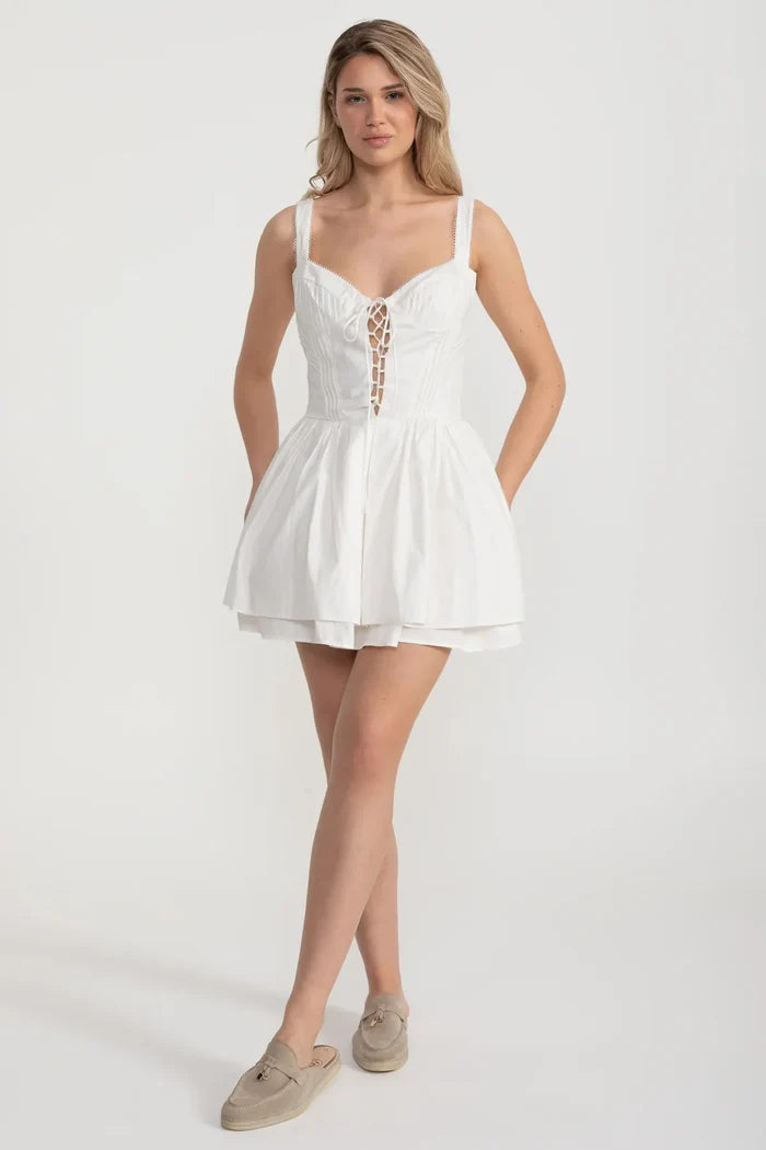Corset Style Sleeveless Dress With Lace-Up Front Detailing - White