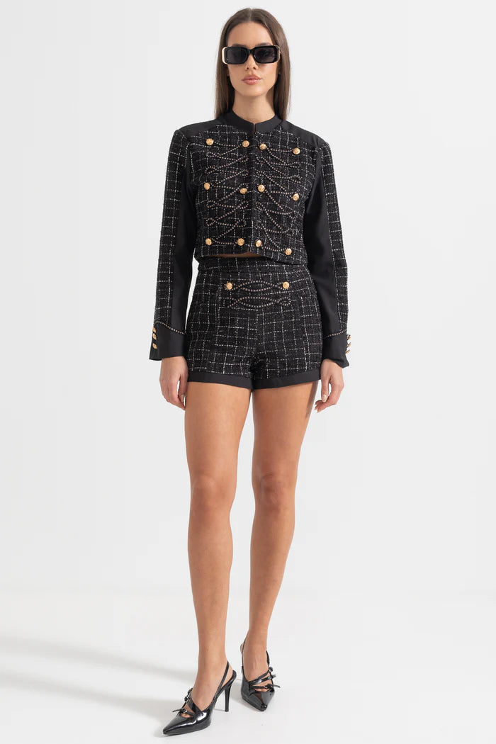 Two Piece Tweed Ensemble With Square Pattern And Gold Details - Black