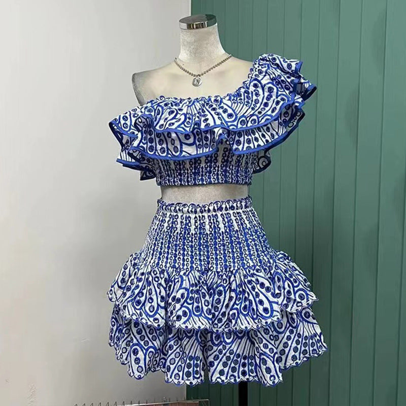 cut-out one-shoulder crop top + ruffle skirt set