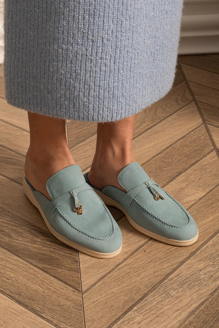Suede Loafers With Contrasting Sole And Metal Charms - Baby Blue