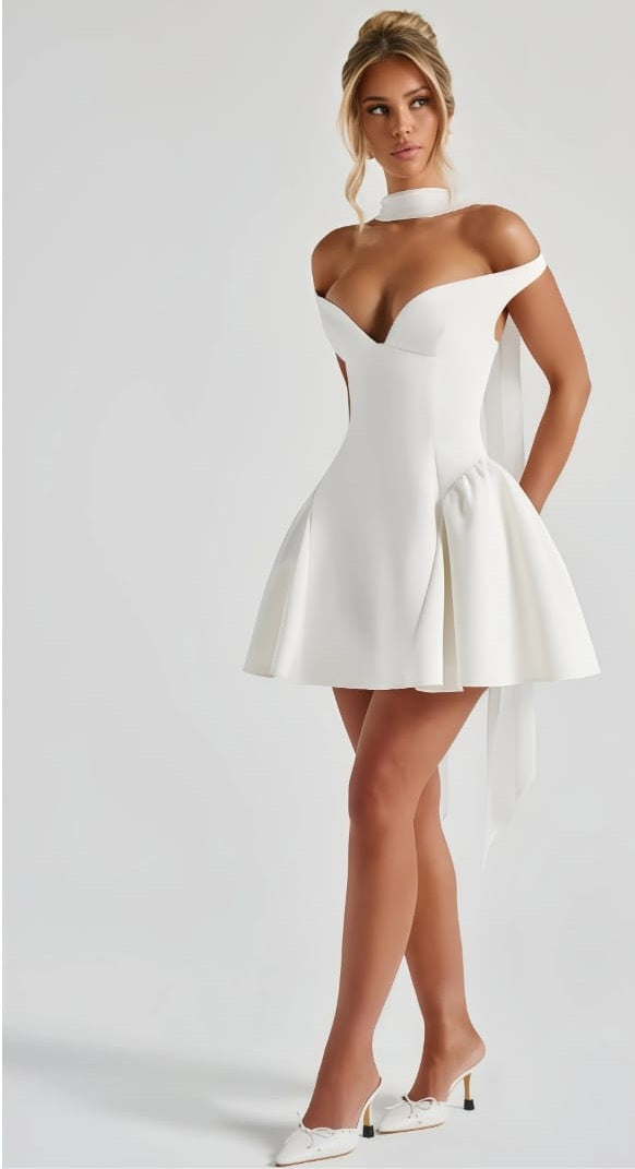 Ifig White V-neck Corset Mini Dress