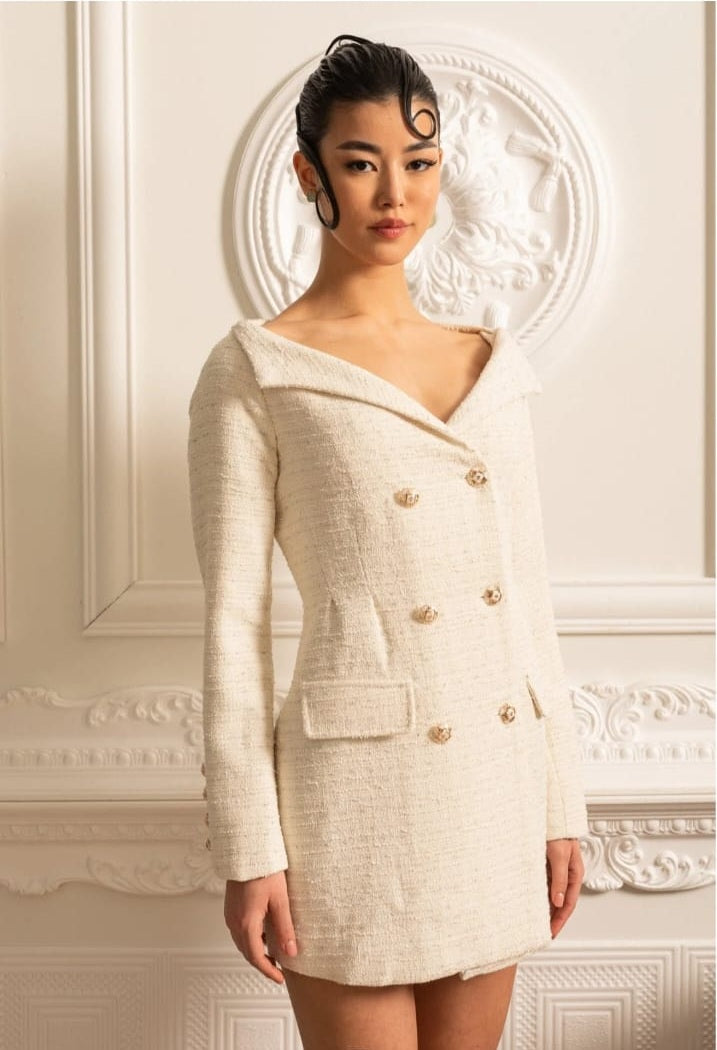 Double-Breasted Textured Dress With Decorative Gold Buttons - Beige