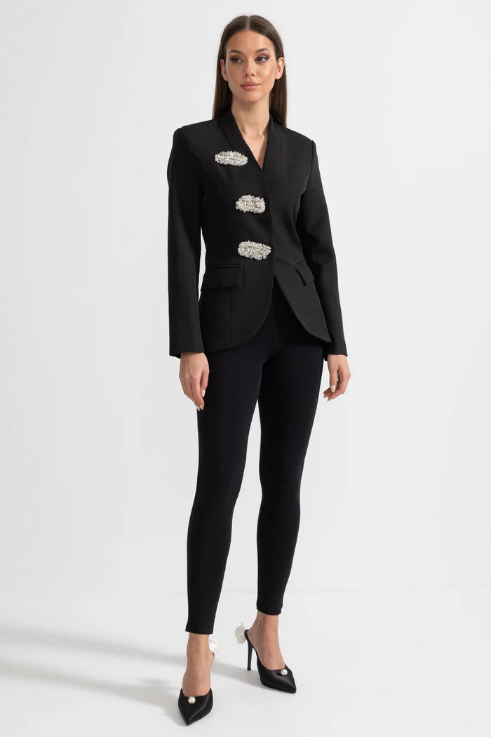 Tailored Blazer With Structured Shoulders And Silver Floral Clasps - Black