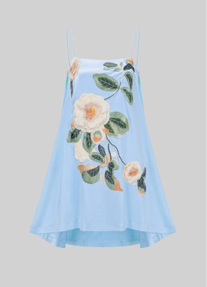 Thin Strap Mini Dress with 3D Floral Appliqué and A-Line Skirt - Blue