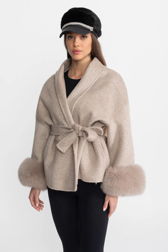 Wool Blend Wrap Jacket with Fox Fur Cuffs – Beige