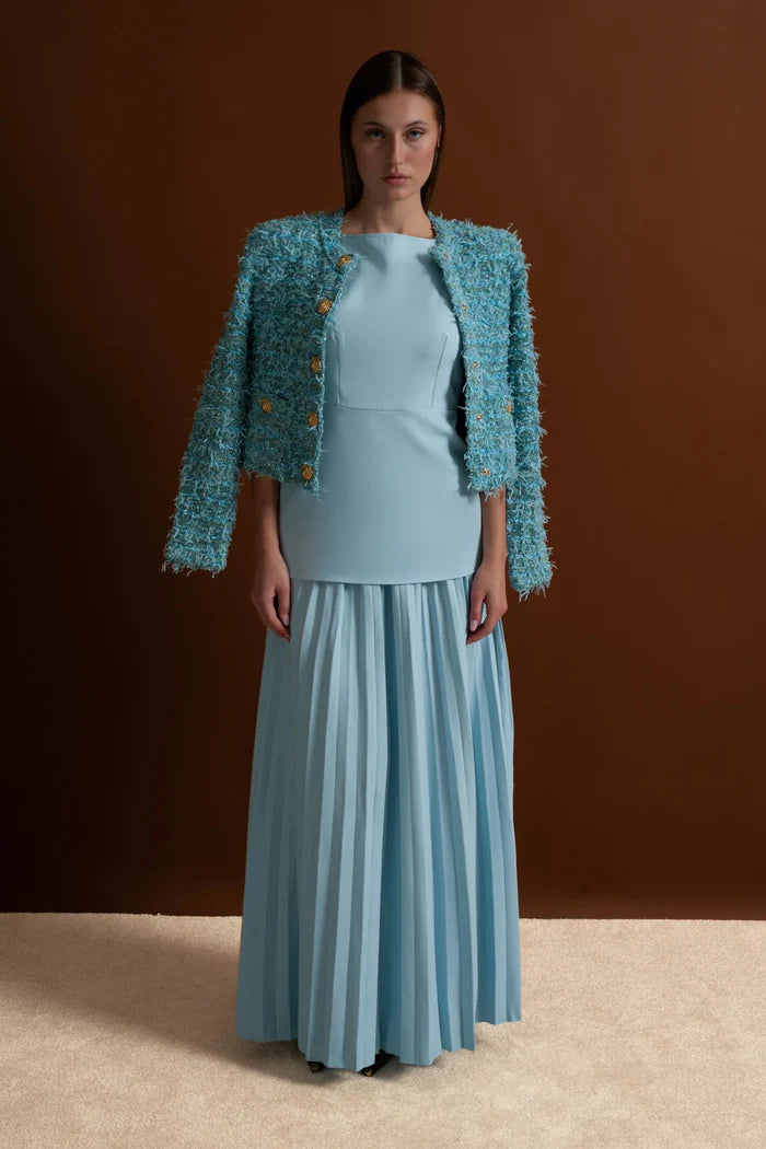 Textured Tweed Jacket With Gold Button Embellishments – Blue