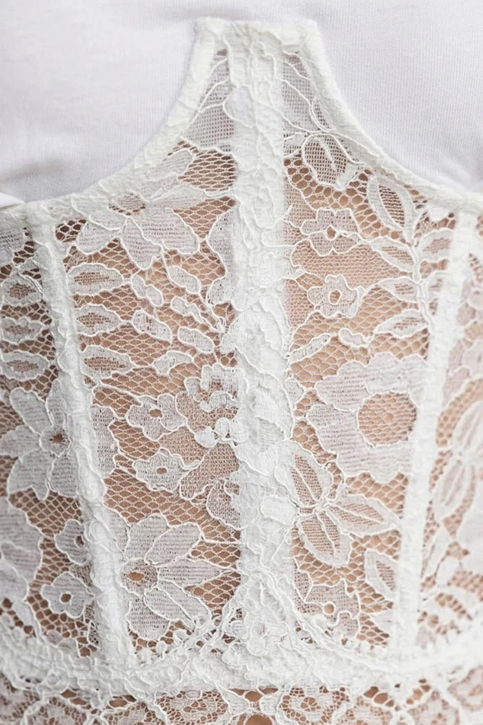 Short Sleeve Top With Lace Corset Overlay - White