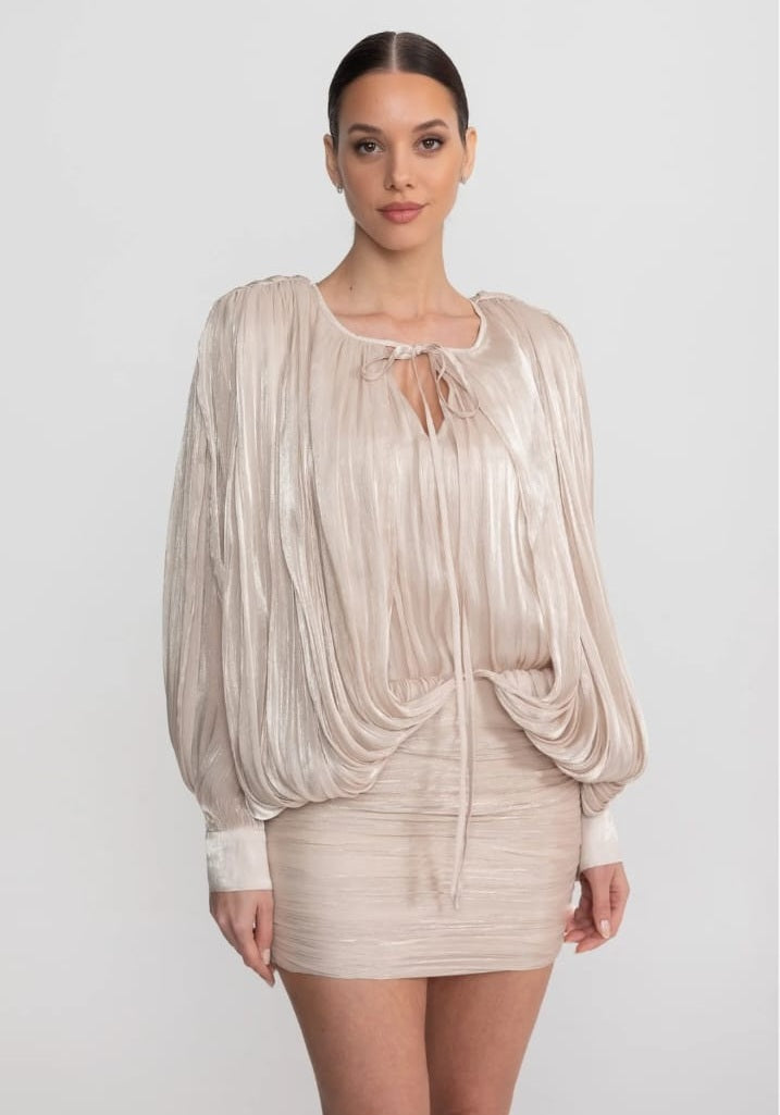 Draped Long Sleeve Mini Dress With Batwing Sleeves - Champagne