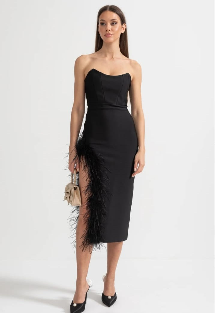 Strapless Feather-Trimmed Dress With Fitted Bodice And Asymmetrical Hemline - Black