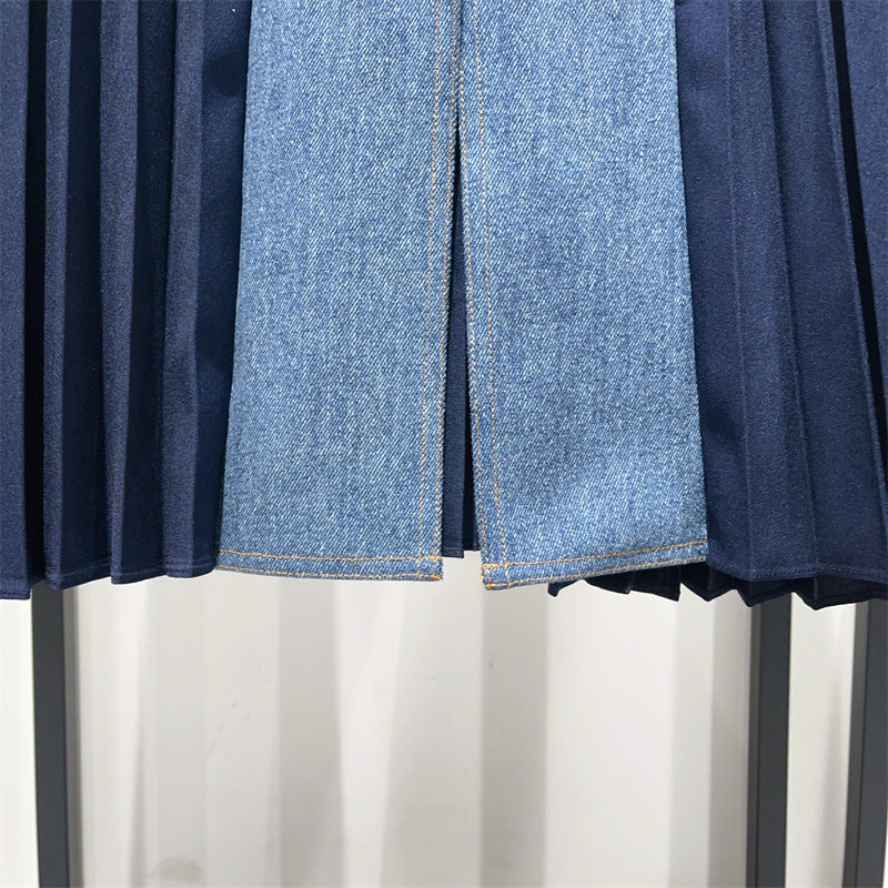 Tide Line Denim Panels Pleated  Skirt