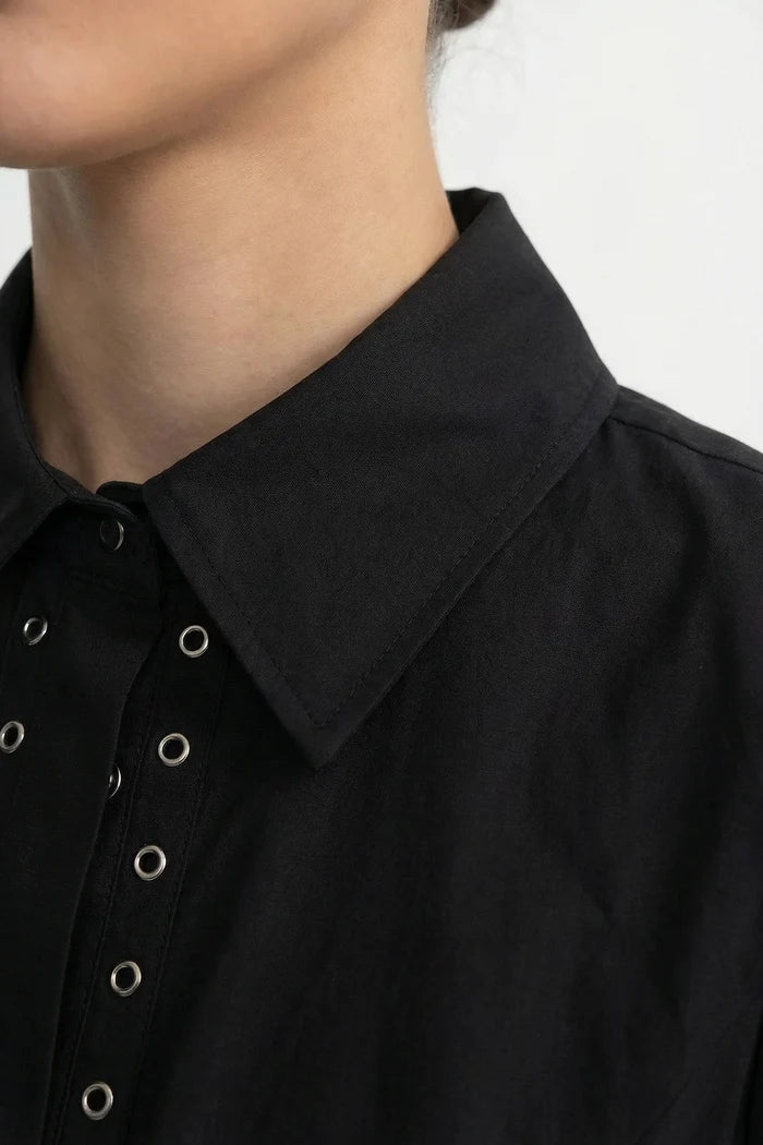 Long Sleeve Shirt With Corset Lace-Up Detail - Black