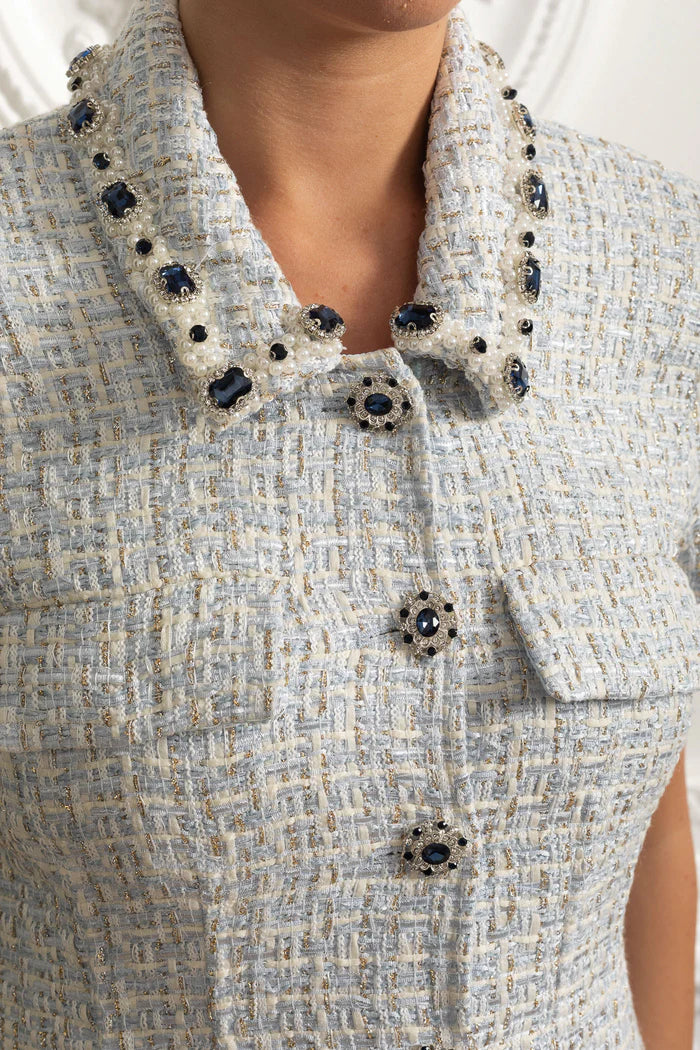 Beaded Collar Tweed Mini Dress with Pleated Hem - Sky Blue