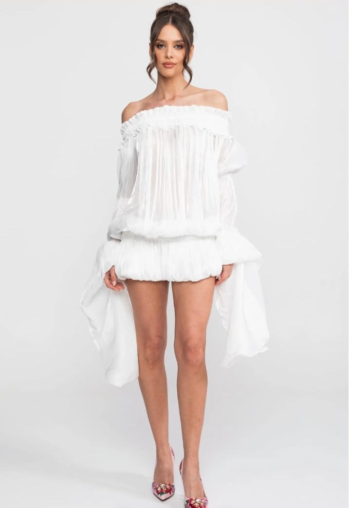 Off Shoulder Mini Dress with Ruffles and Draped Sleeves - White