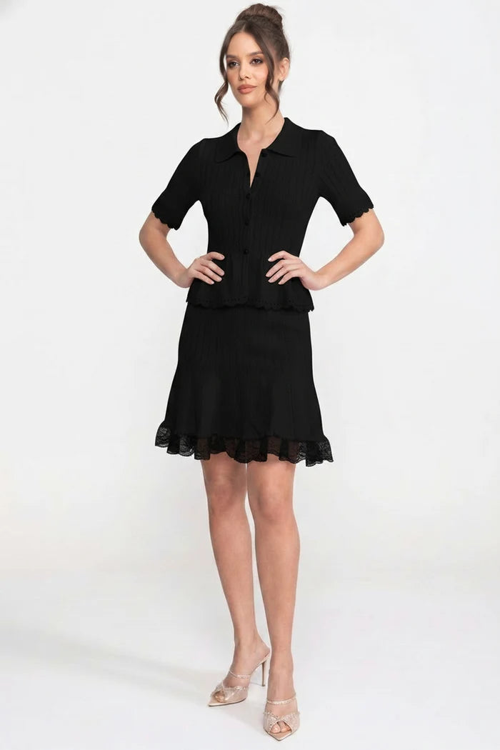Polo-Collar Mini Dress With Button Top, Peplum Waist And Lace Hem - Black