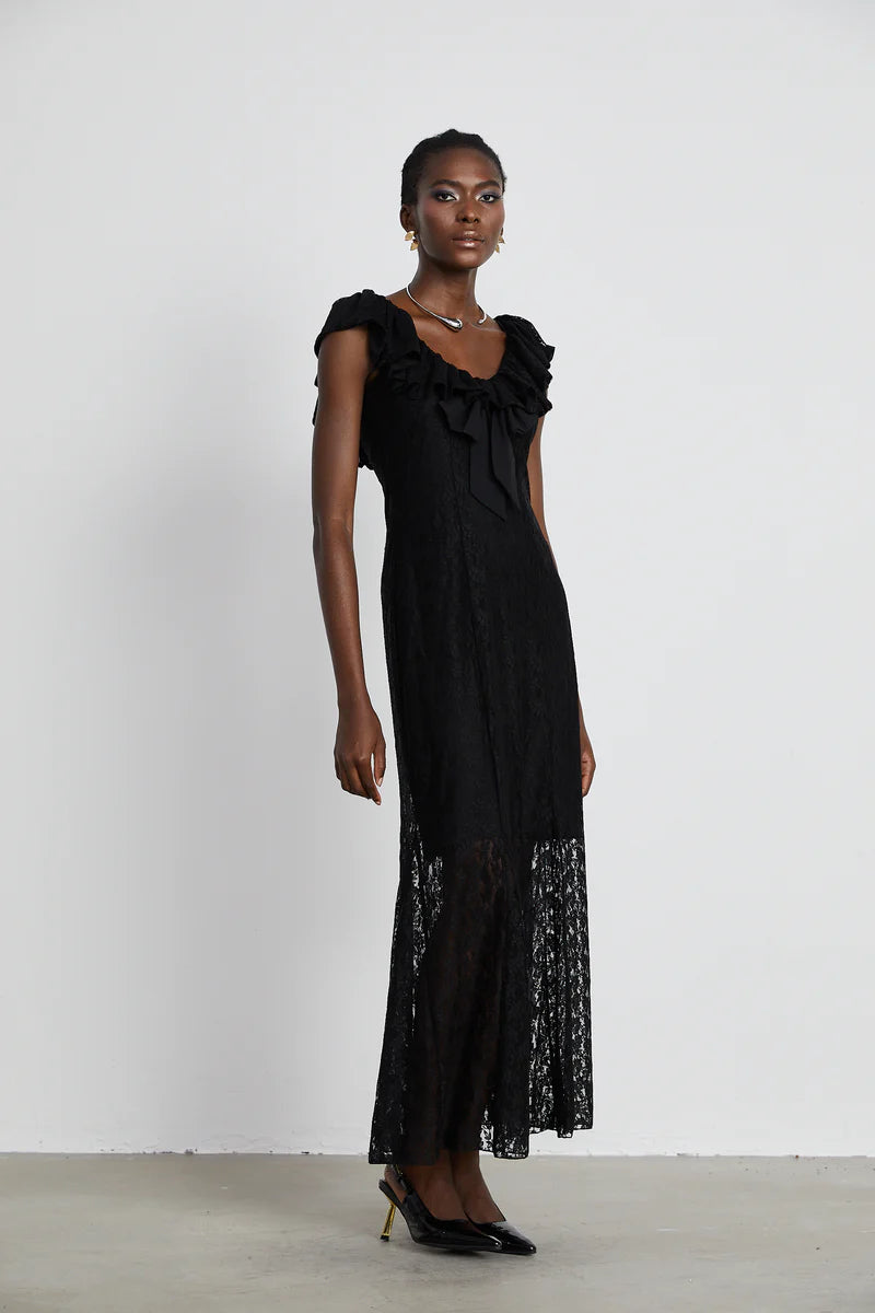 Roseline ruffled-trim floral-lace gown