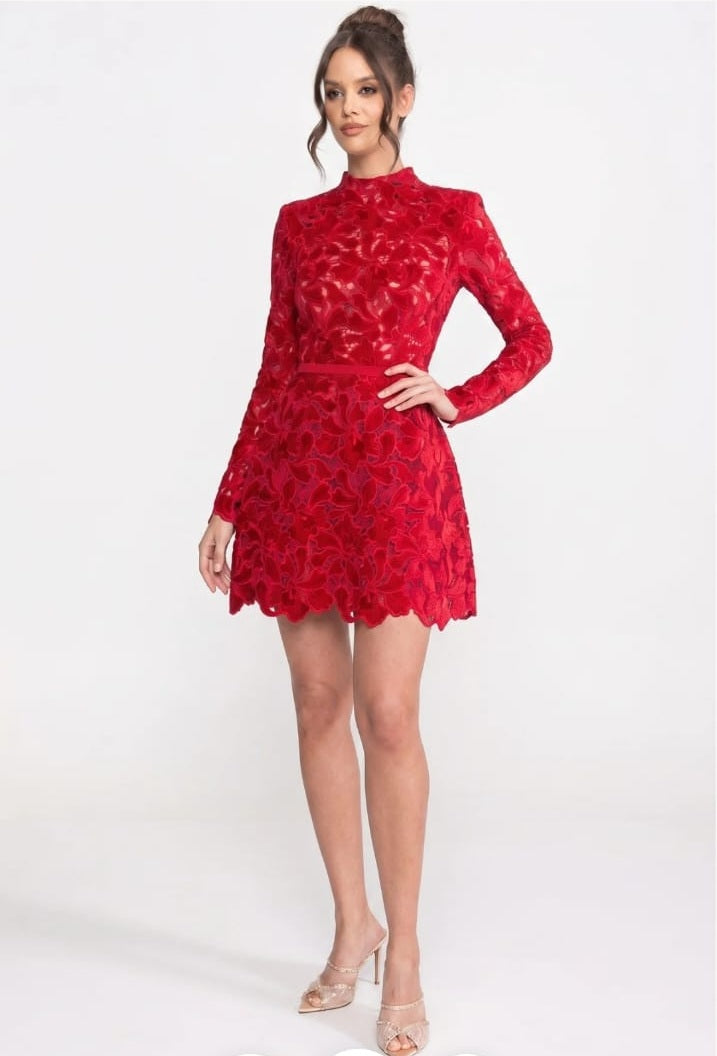 Long-Sleeve Lace Mini Dress With High Neck And Scalloped Hem - Red
