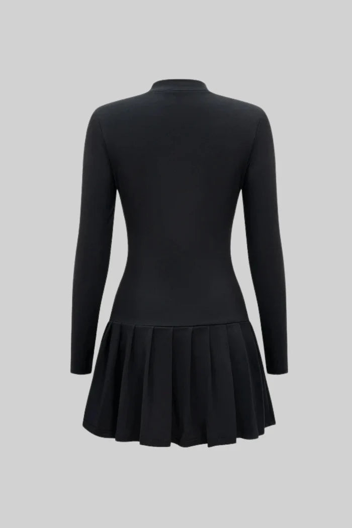 Bow-Neck Pleated Mini Dress with Gold Buttons – Black