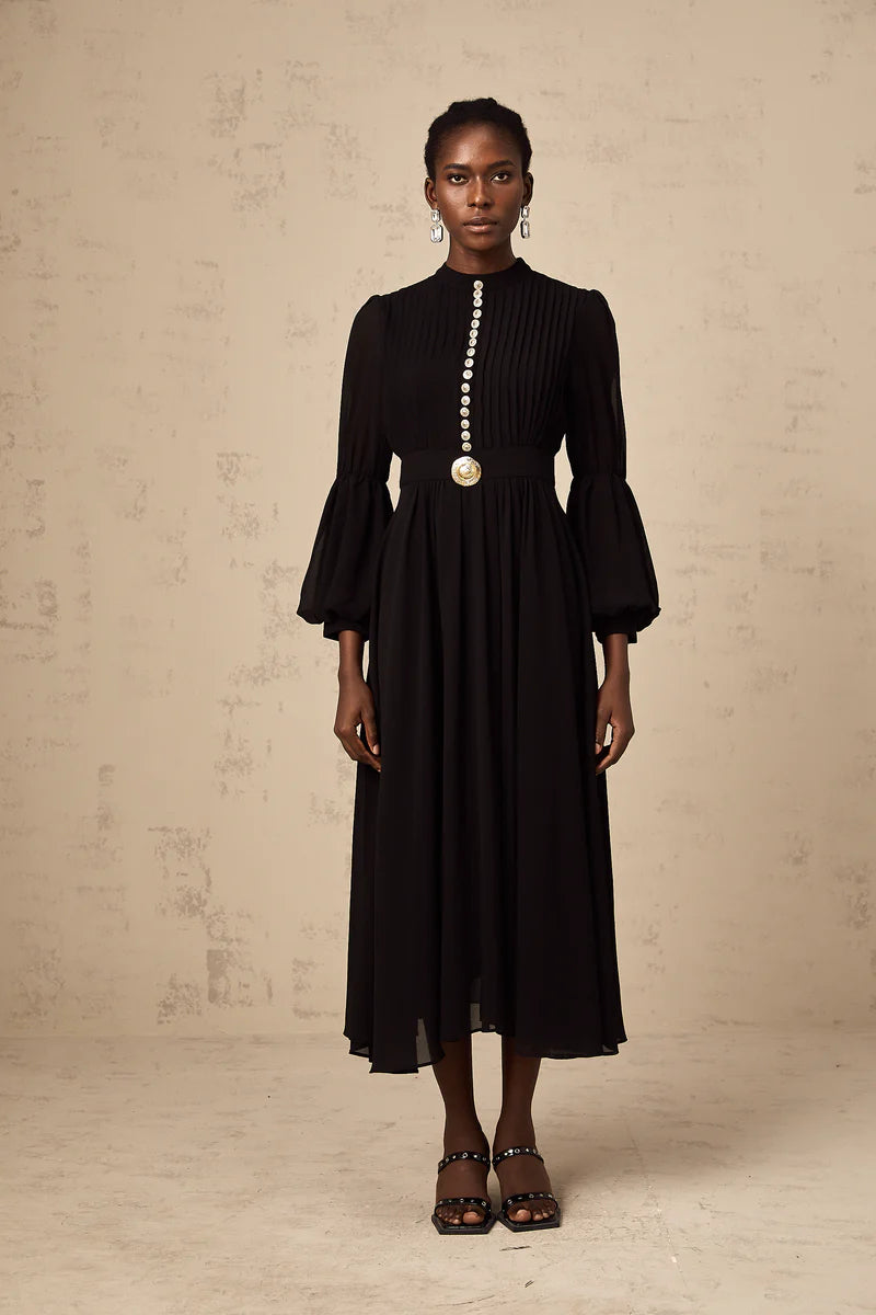 Viviane black pleated button-front midi dress