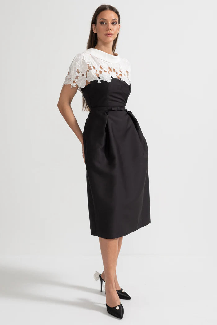 Elegant Midi Dress with Contrasting Floral Lace Cape Detail - Black
