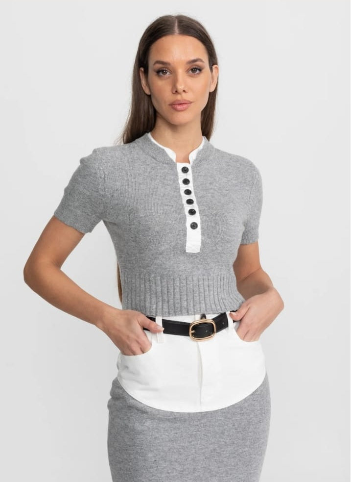 Knit Co-Ord Set with Contrast Shirt Insert Detail – Grey