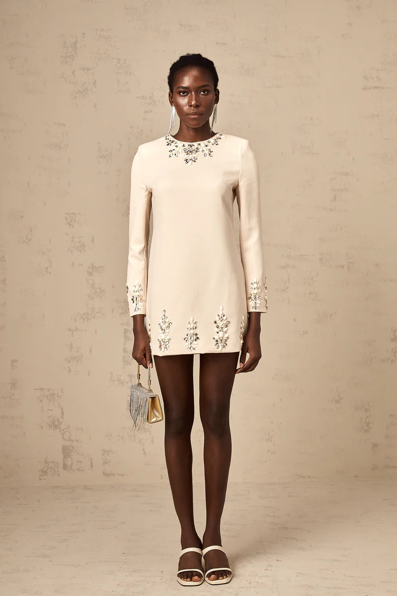 Mélissa crystal-embellished long-sleeved mini dress in Neutrals