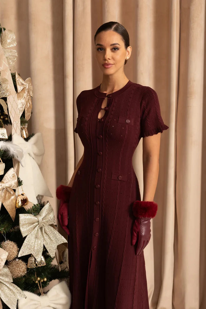 Knit Button-Front Midi Dress with Scalloped Sleeves – Burgundy