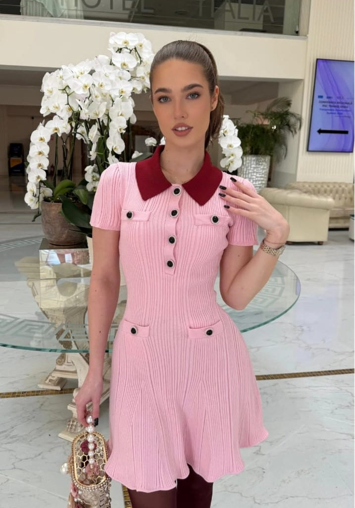 Ribbed Short Sleeve Mini Dress With Contrast Collar And Button Front Detail - Blush Pink