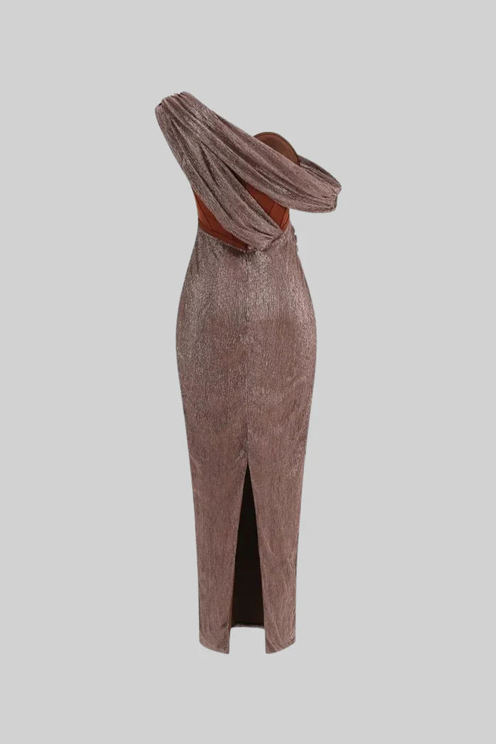 One-Shoulder Metallic Drape Dress With Structured Corset – Brown/Bronze