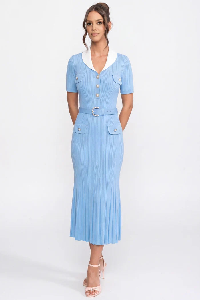 Ribbed Knit Midi Dress With White Collar And Pearl Belt - Light Blue