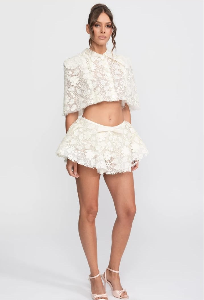 Lace Co-Ord Set With Button Cape And Bow Mini Skirt - Ivoire