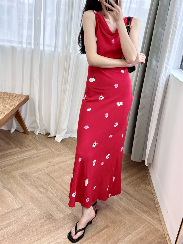 Flower print red dress silk