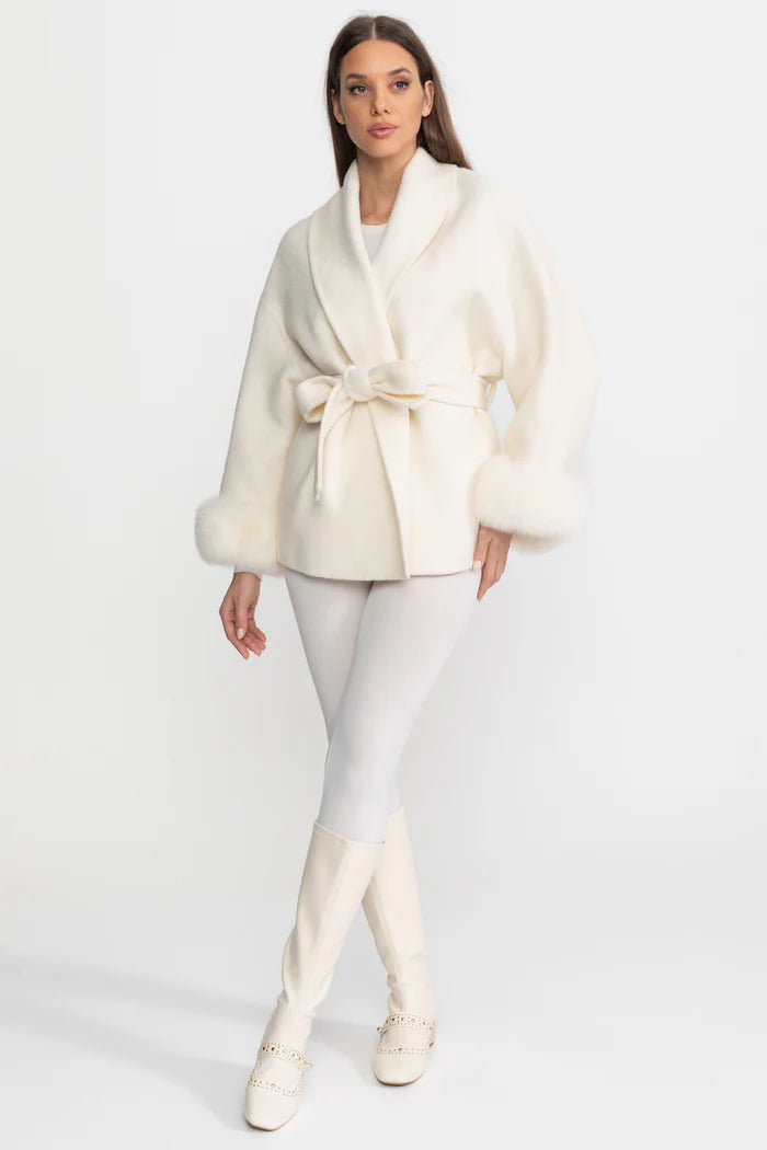 Wool Blend Wrap Jacket with Fox Fur Cuffs - Ivoire