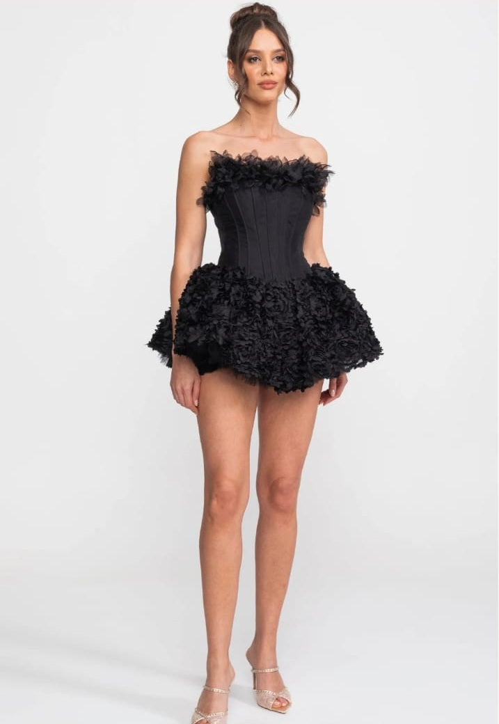 Strapless Corset Mini Dress With 3D Rose Appliqué Skirt - Black