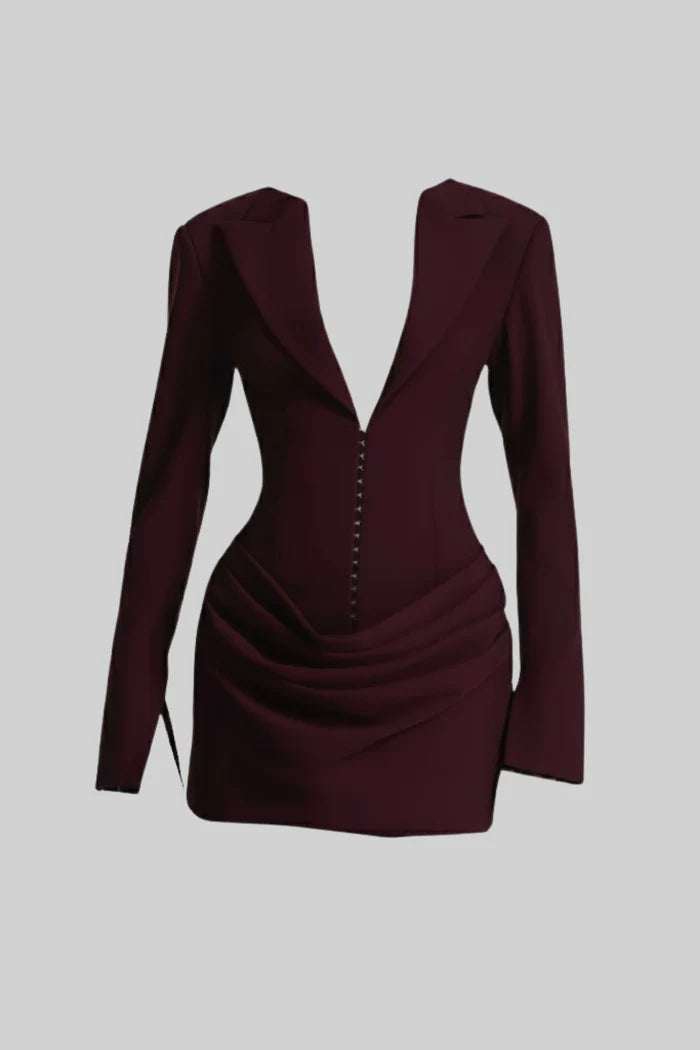 Draped Blazer Mini Dress With Deep Neckline – Dark Burgundy