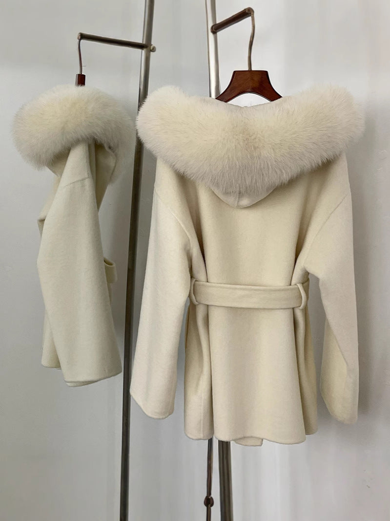 Two-color fur woolen coat
