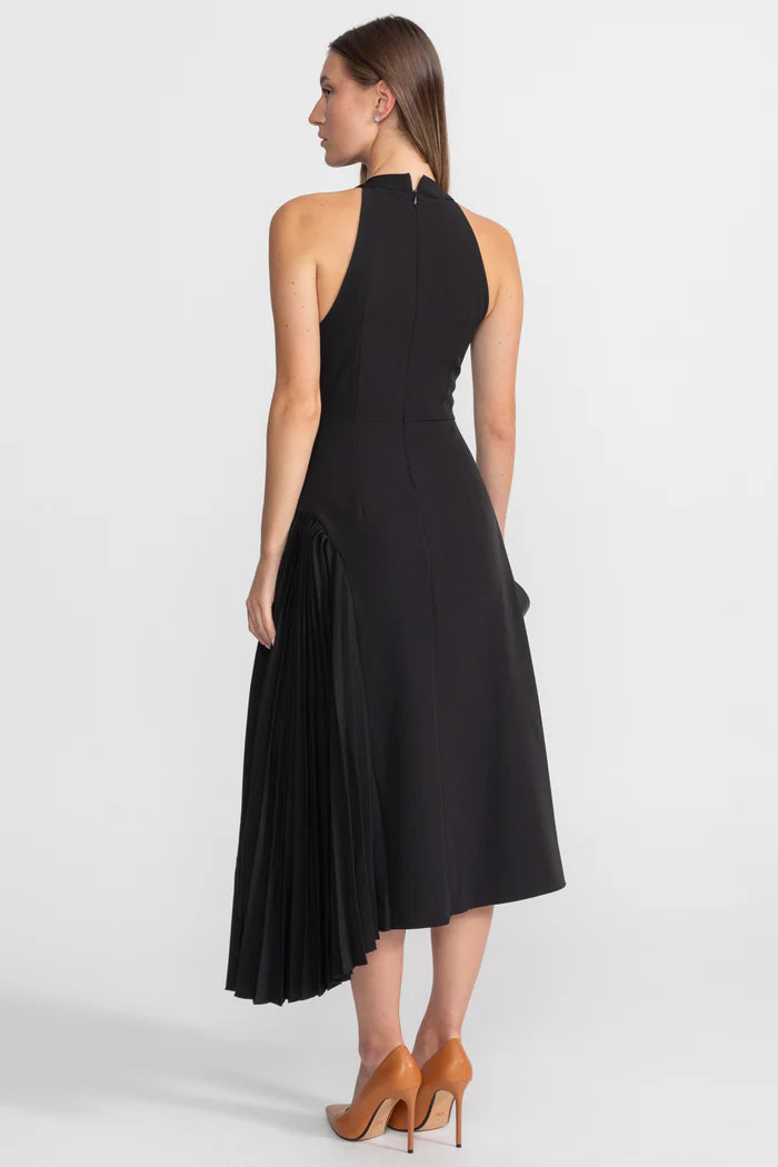 Pleated Halter Midi Dress With Keyhole Detail - Black