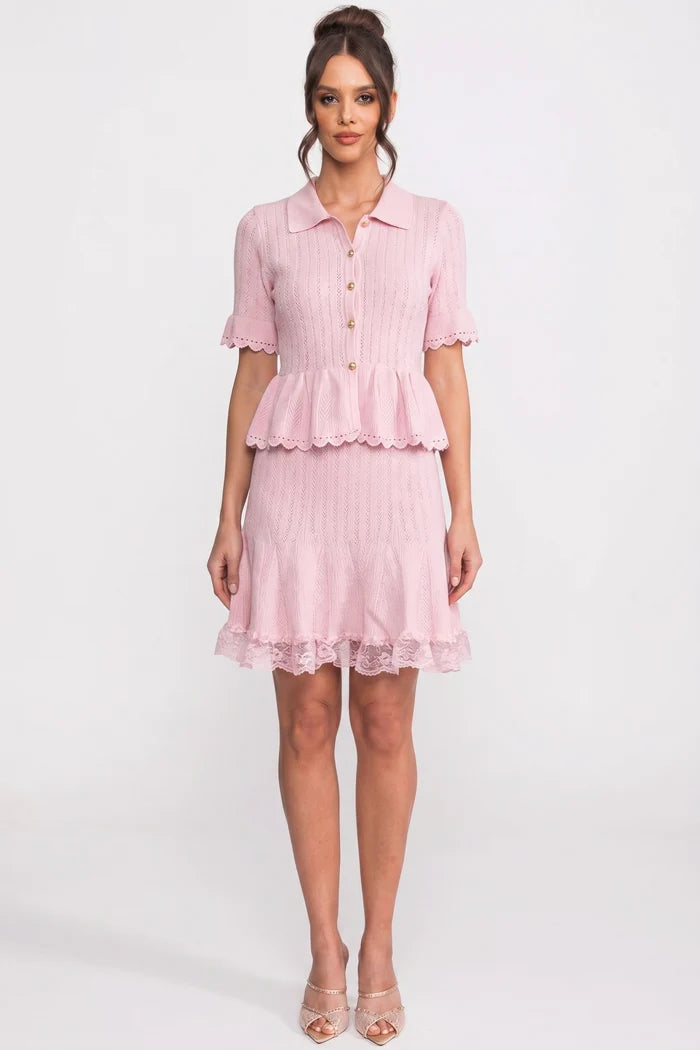 Polo-Collar with Button Top and Mini Skirt Set - Pink