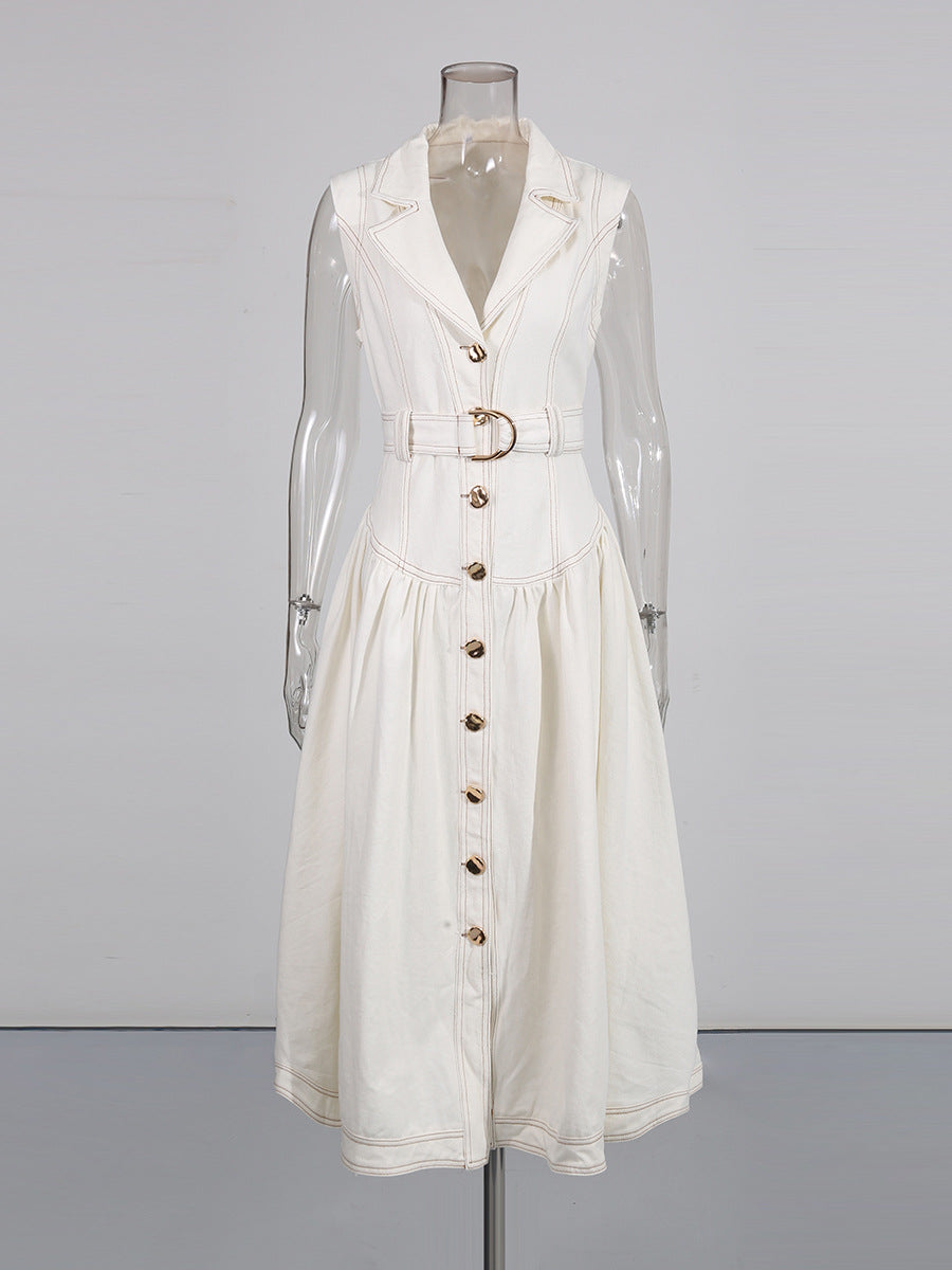 High-end lace-up solid color sleeveless long skirt