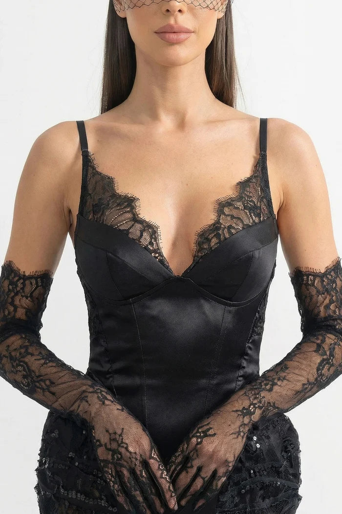 Lace-Trim Midi Dress With Sequin Sheer Side Panels - Black