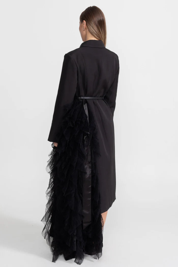 Tulle Cascade Blazer Dress With Notched Lapels – Black