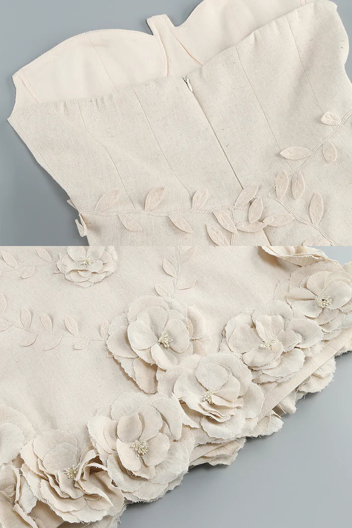 Bustier Dress With 3D Floral Appliqués - Ivoire