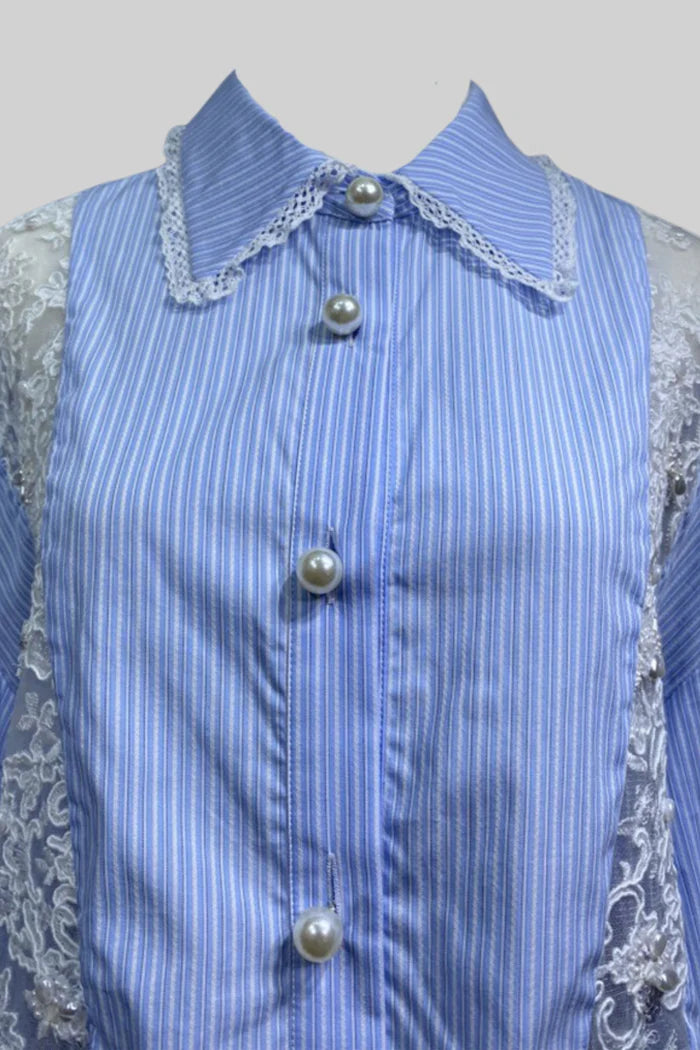 Cropped Striped Shirt with Lace Panels - Blue