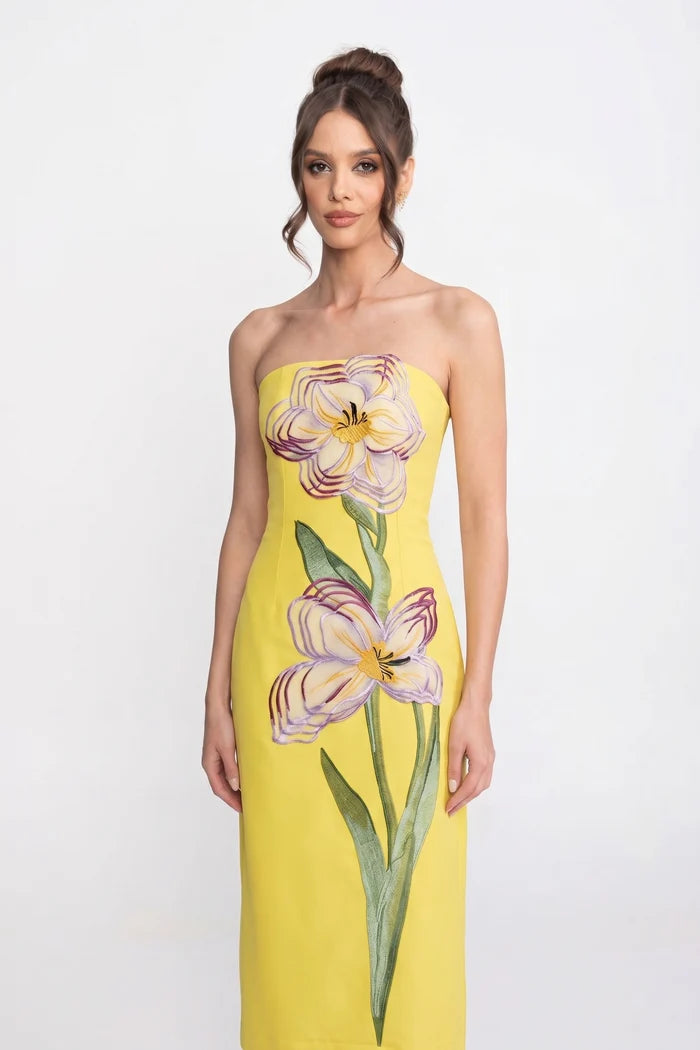 Strapless Floral-Print Midi Dress With Column Silhouette - Yellow